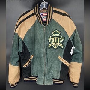 M. Hoban Men's U.S.A. Authentics Green & Tan Full zip leather bomber jacket